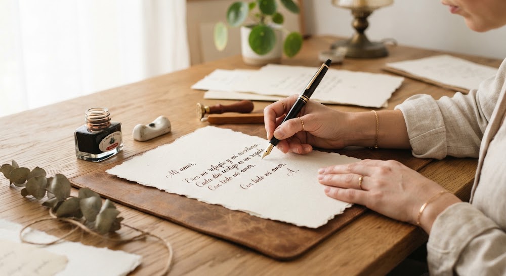 Calígrafa escribiendo una nota de amor con pluma estilográfica