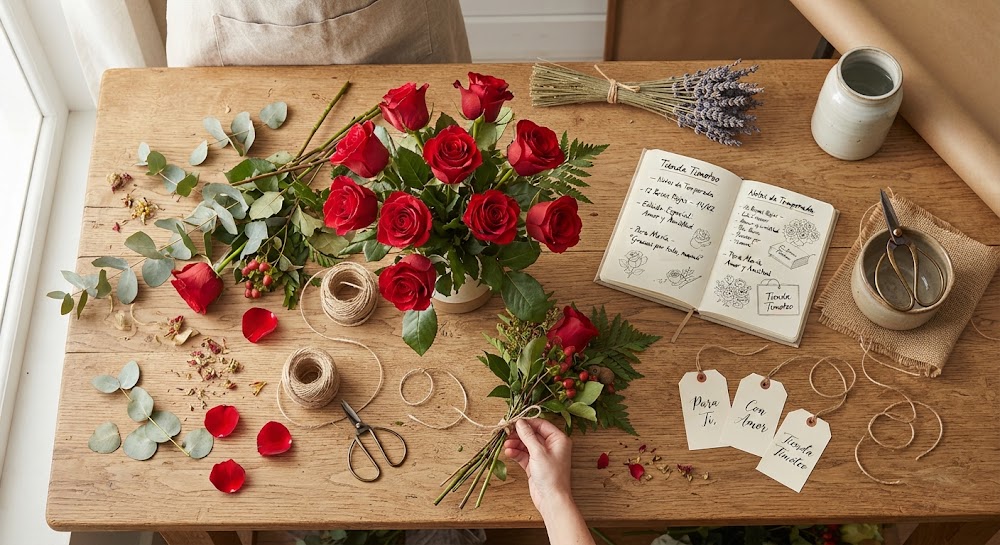 Mesa de trabajo de florista con rosas rojas, tijeras de latón y cintas