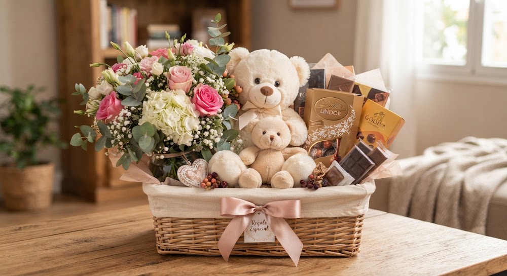 Detalles de regalo con peluches, flores y chocolates
