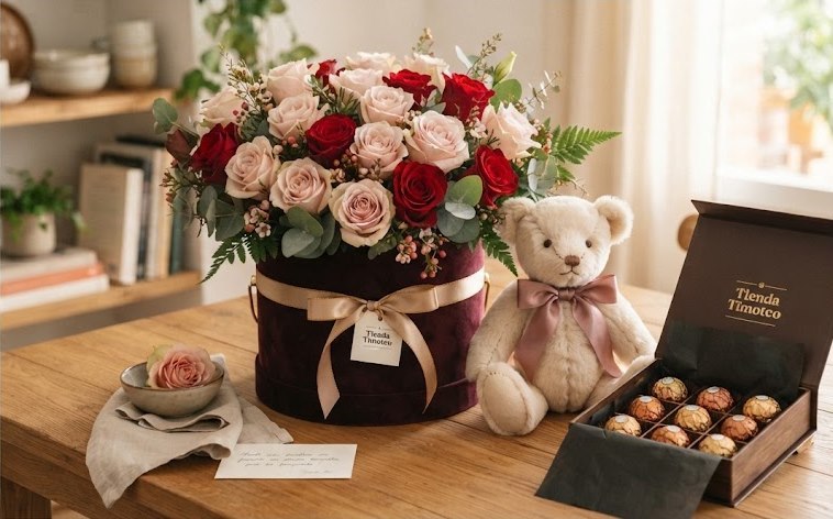 Arreglo de rosas en caja de terciopelo borgoña junto a un osito de peluche y una caja de bombones Timoteo