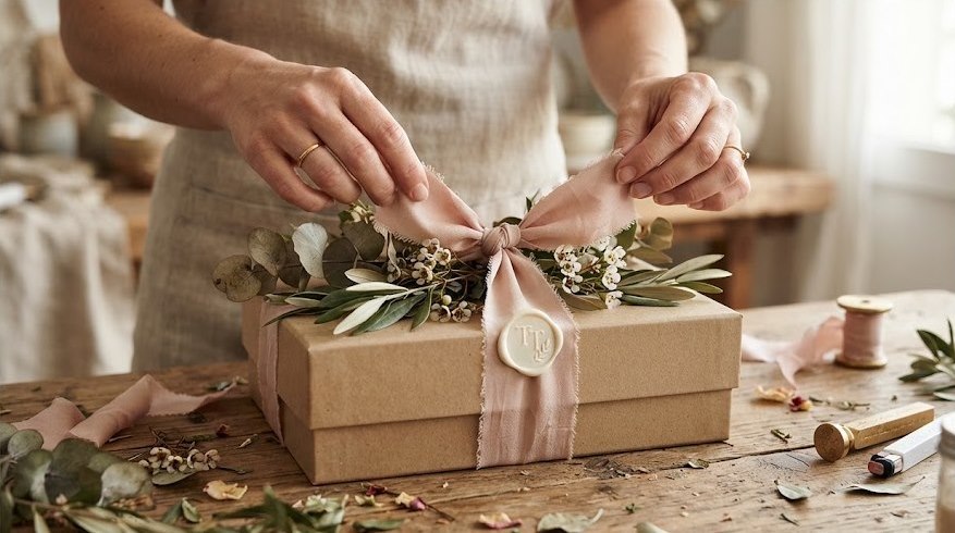 Manos de artesana atando una cinta de seda rosa sobre una caja de regalo con eucalipto y sello de cera