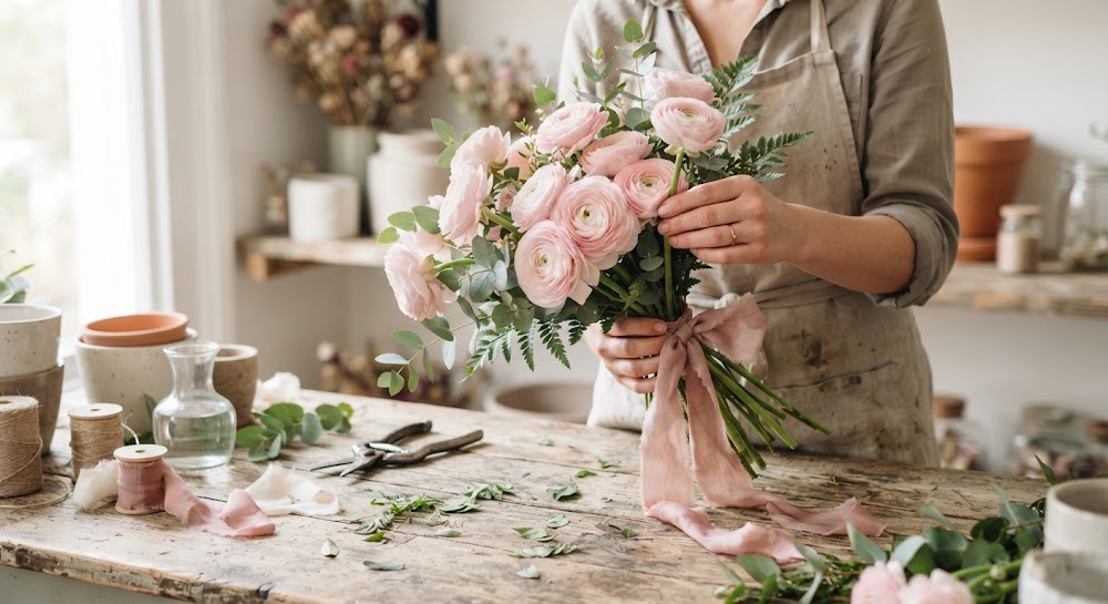 Manos de florista arreglando ranúnculos rosados y eucalipto